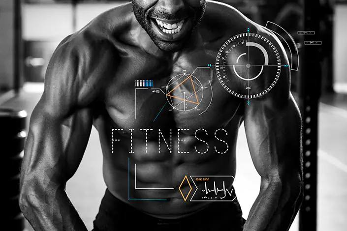 Fitness e Body Building mezzo busto uomo muscoloso esprime concetto come costruire il muscolo